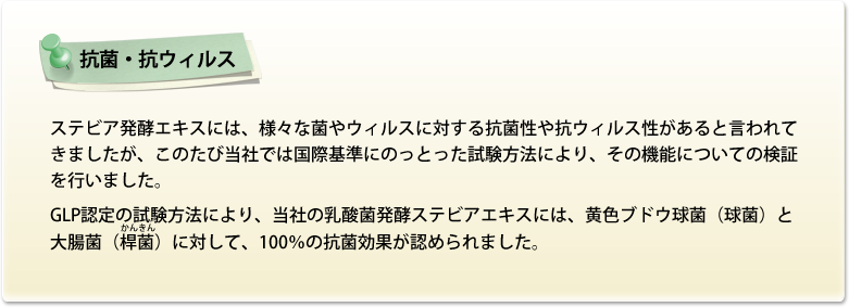 【抗菌・抗ウィルス】ステビア発酵エキスには、様々な菌やウィルスに対する抗菌性や抗ウィルス性があると言われてきましたが、このたび当社では国際基準にのっとった試験方法により、その機能についての検証を行いました。
GLP認定の試験方法により、当社の乳酸菌発酵ステビアエキスには、黄色ブドウ球菌（球菌）と大腸菌（桿菌）に対して、100％の抗菌効果が認められました。